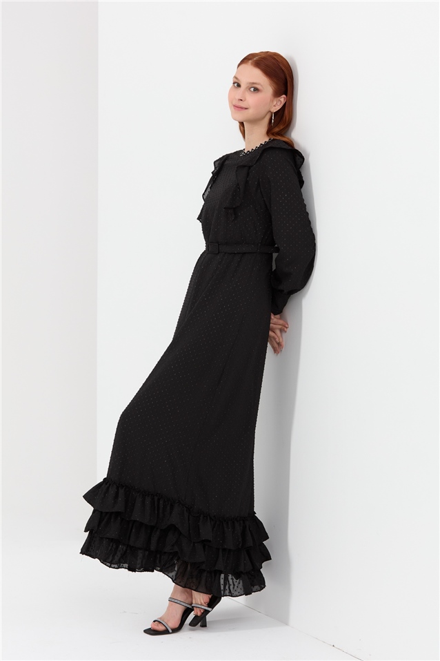 NİHAN Elbise Nihan İncili Kemerli Elbise  Siyah_modest