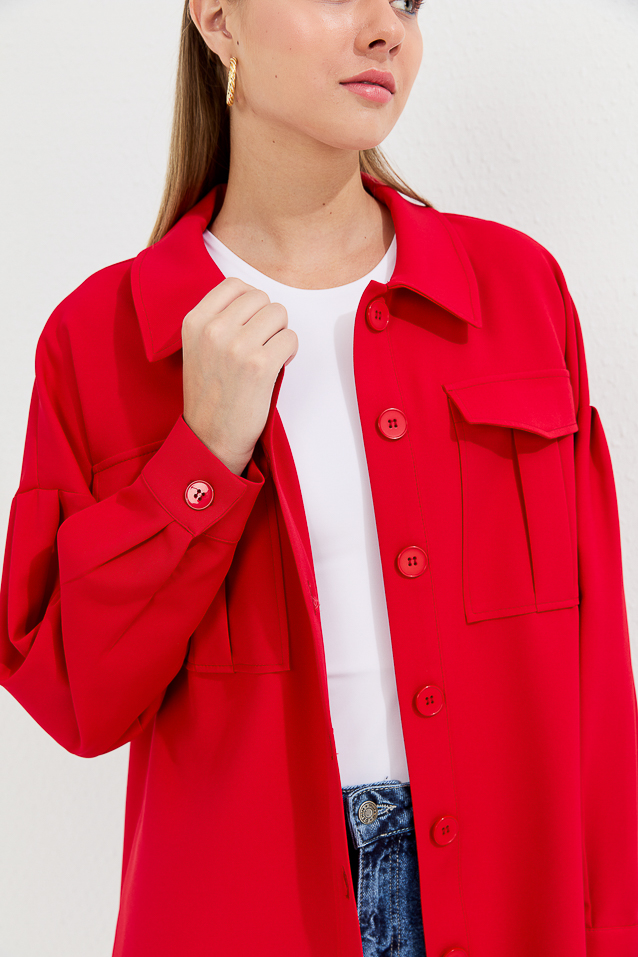 NİHAN Jacket Nihan İri Cepli Broşlu Ceket  Kırmızı_modest