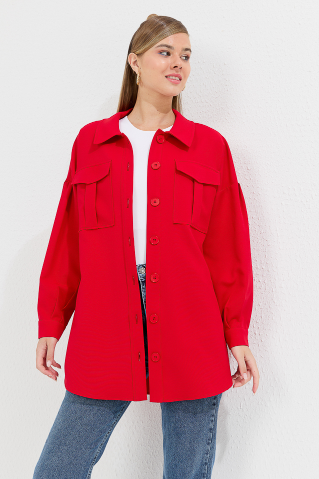 NİHAN Jacket Nihan İri Cepli Broşlu Ceket  Kırmızı_modest