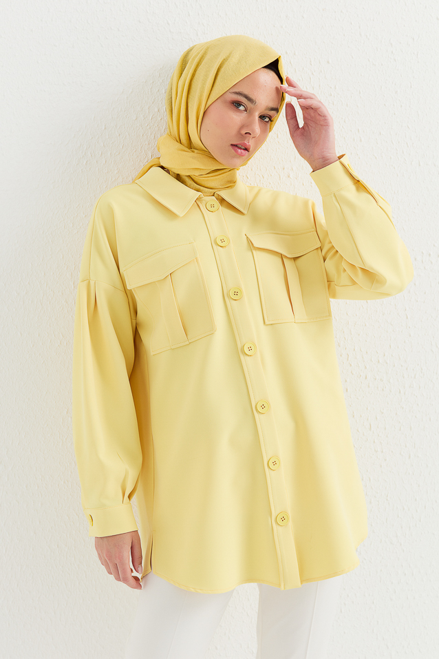 NİHAN Ceket Nihan İri Cepli Broşlu Ceket  Sarı_modest