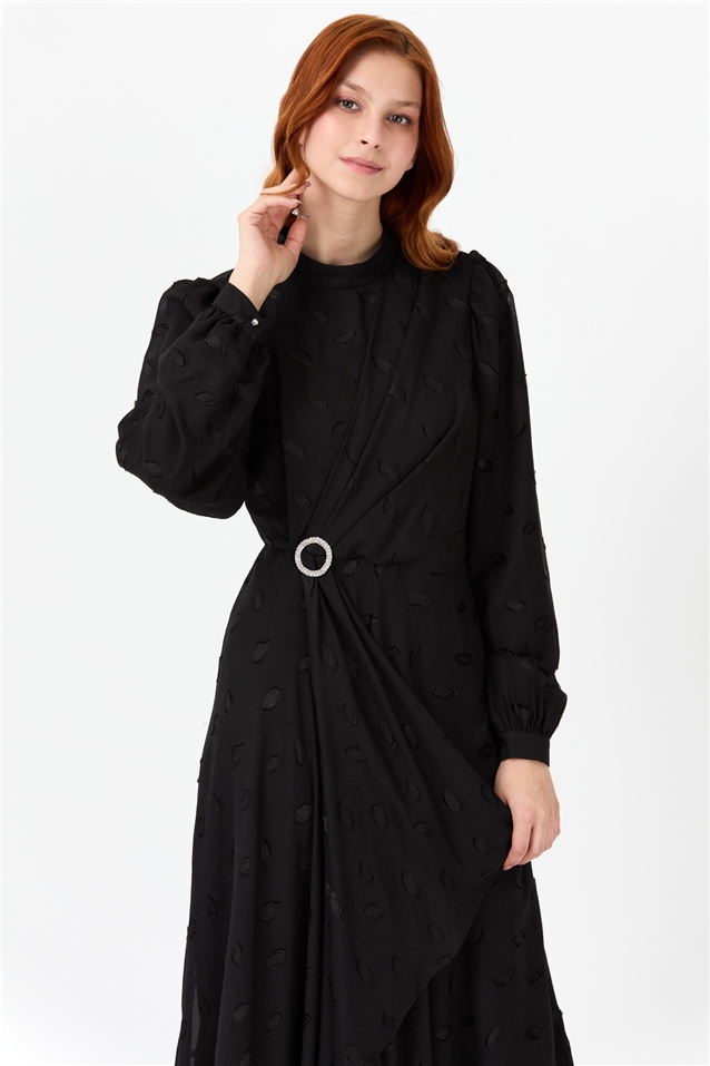NİHAN Dress Nihan Kemer Tokalı Şık Elbise  Siyah_modest