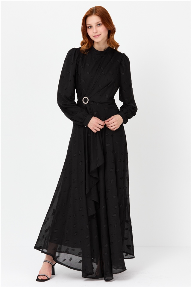 NİHAN Elbise Nihan Kemer Tokalı Şık Elbise  Siyah_modest