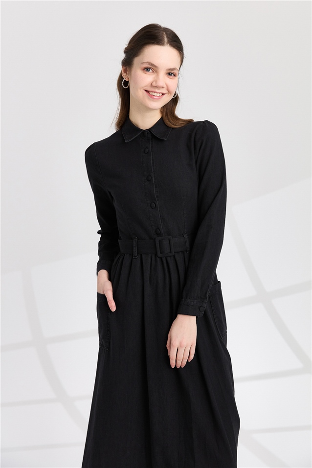 NİHAN Dress Nihan Kemerli Denim Elbise  Siyah_modest