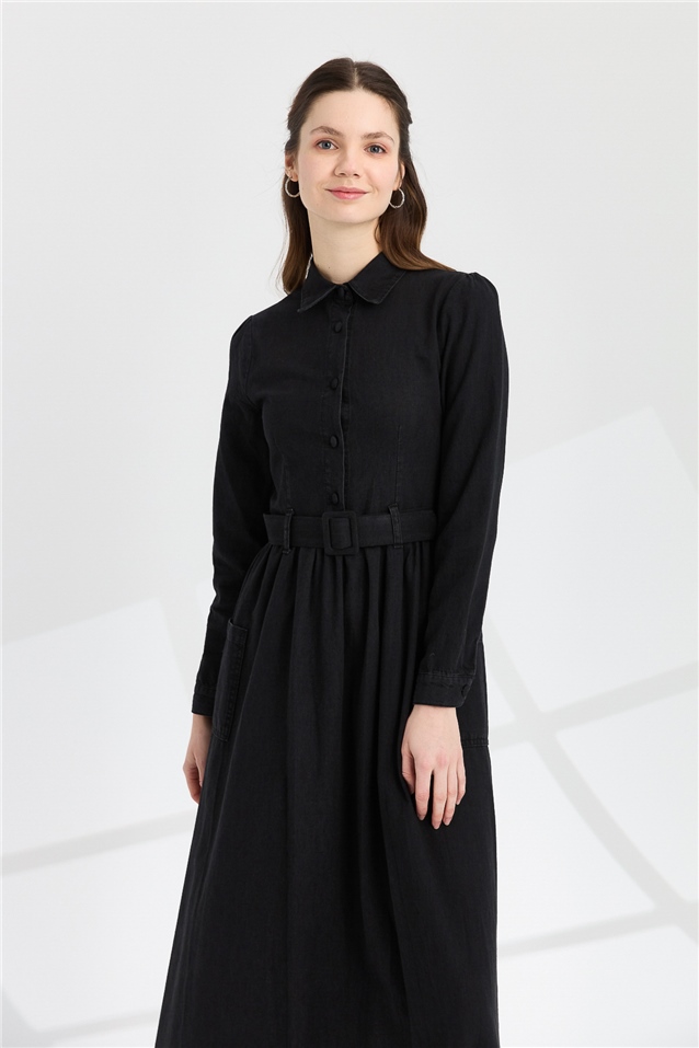 NİHAN Dress Nihan Kemerli Denim Elbise  Siyah_modest