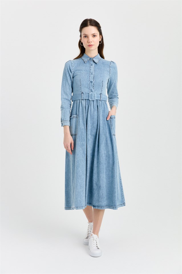 NİHAN Dress Nihan Kemerli Kot Elbise  Açık Mavi_modest
