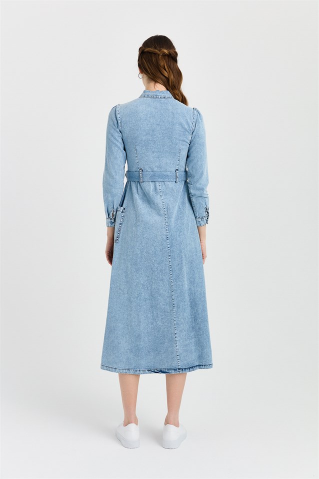 NİHAN Dress Nihan Kemerli Kot Elbise  Açık Mavi_modest