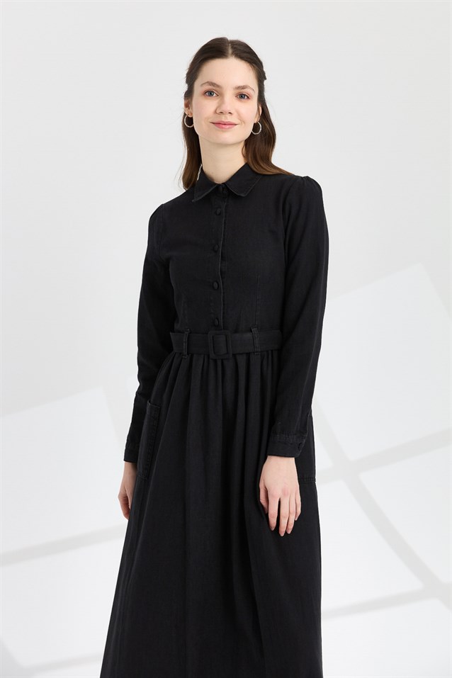 NİHAN Dress Nihan Kemerli Kot Elbise  Siyah_modest