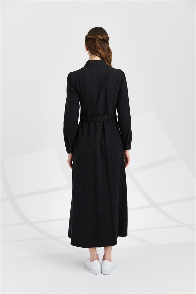 NİHAN Dress Nihan Kemerli Kot Elbise  Siyah_modest