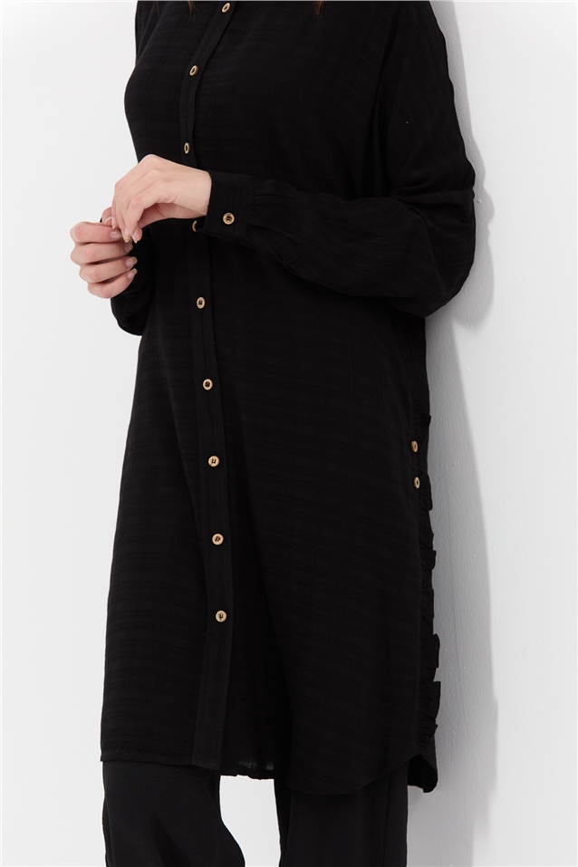 NİHAN Tunik Nihan Kenarları Fırfırlı Gömlek Yaka Tunik  Siyah_modest