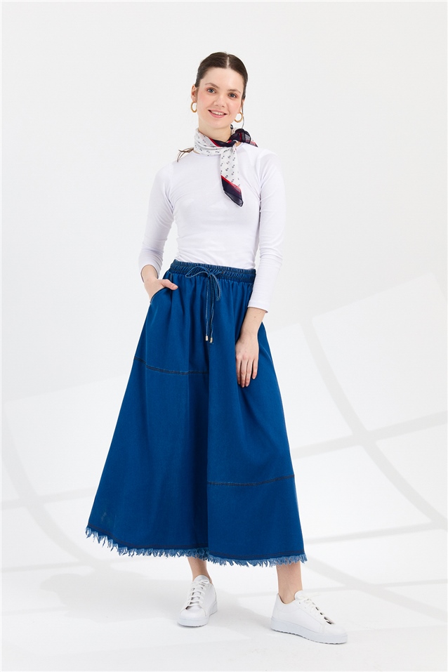 NİHAN Skirt Nihan  Kesikli Açılımlı Beli Lastikli Tencel Etek  İndigo_modest