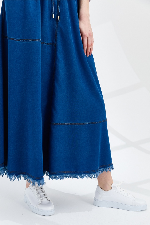 NİHAN Skirt Nihan  Kesikli Açılımlı Beli Lastikli Tencel Etek  İndigo_modest