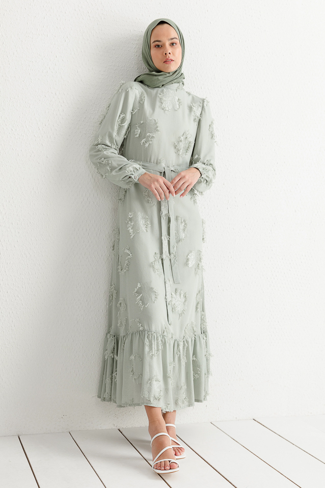 NİHAN Dress Nihan Kuşaklı  Dik Yaka Jakar Detaylı Elbise  Mint_modest