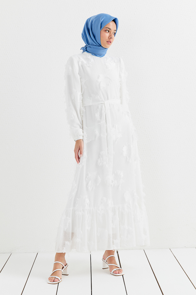 NİHAN Dress Nihan Kuşaklı  Dik Yaka Jakar Detaylı Elbise  Ekru_modest