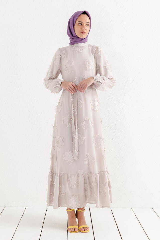 NİHAN Elbise Nihan Kuşaklı  Dik Yaka Jakar Detaylı Elbise  Lila_modest