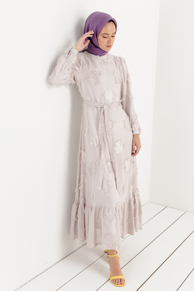 NİHAN Dress Nihan Kuşaklı  Dik Yaka Jakar Detaylı Elbise  Lila_modest