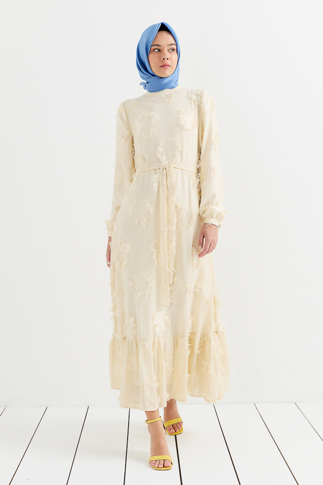 NİHAN Dress Nihan Kuşaklı  Dik Yaka Jakar Detaylı Elbise  Bej_modest