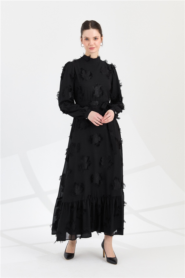 NİHAN Elbise Nihan Kuşaklı  Dik Yaka Jakar Detaylı Elbise  Siyah_modest