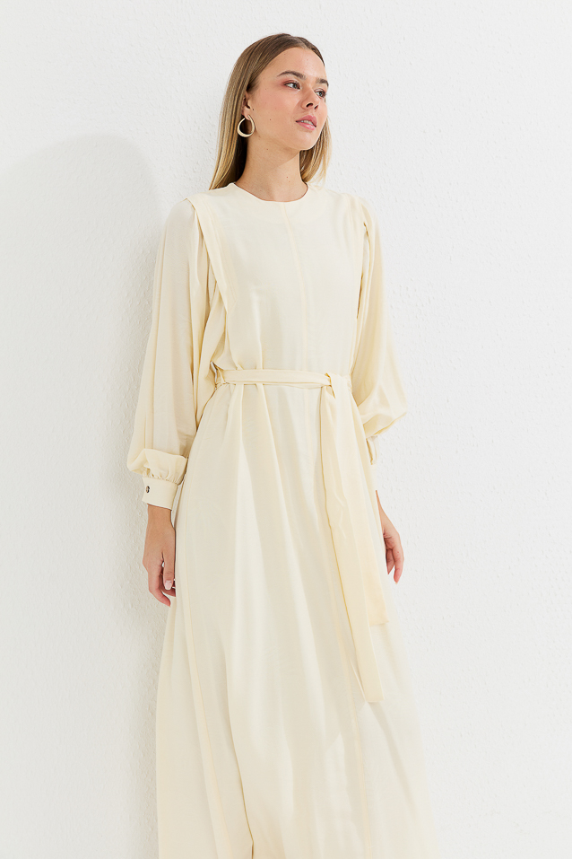 NİHAN Dress Nihan Kuşaklı Elbise  Bej_modest