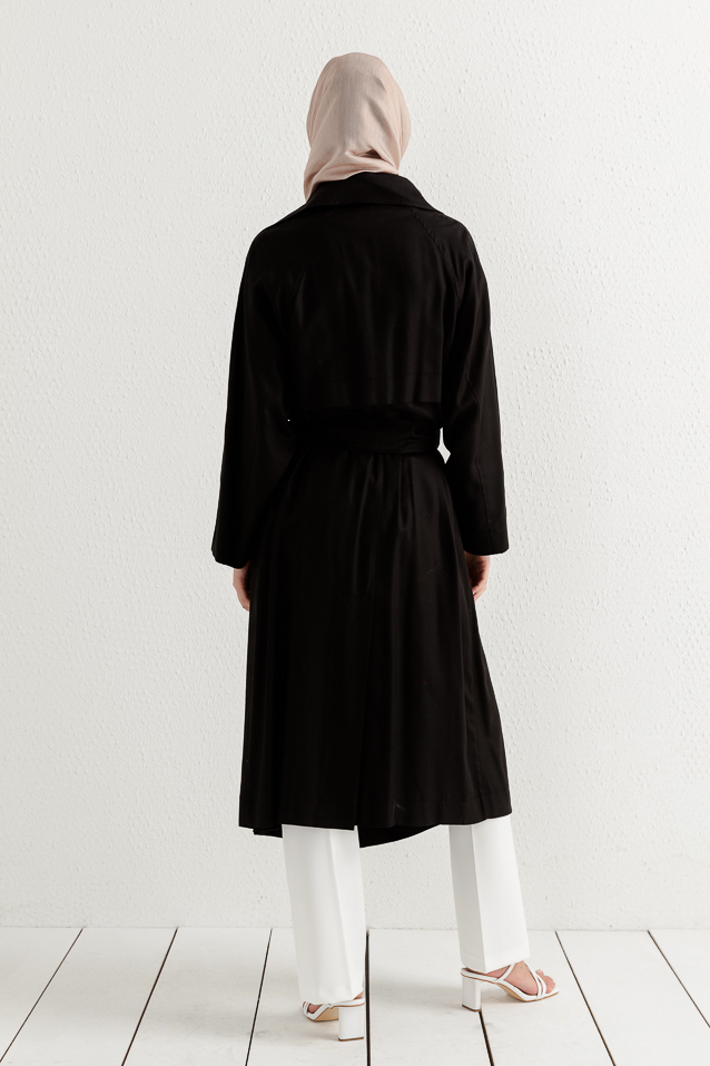 NİHAN Trench Coat Nihan Kuşaklı Trençkot  Siyah_modest