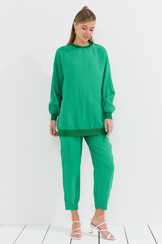 NİHAN Takım Nihan Naturel Pantolon Tunik Takım  Benetton Yeşili_modest