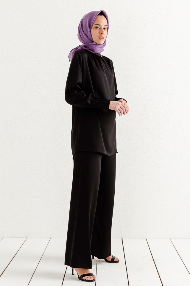 NİHAN Takım Nihan Nervür Detaylı Pantolon Tunik Takım  Siyah_modest