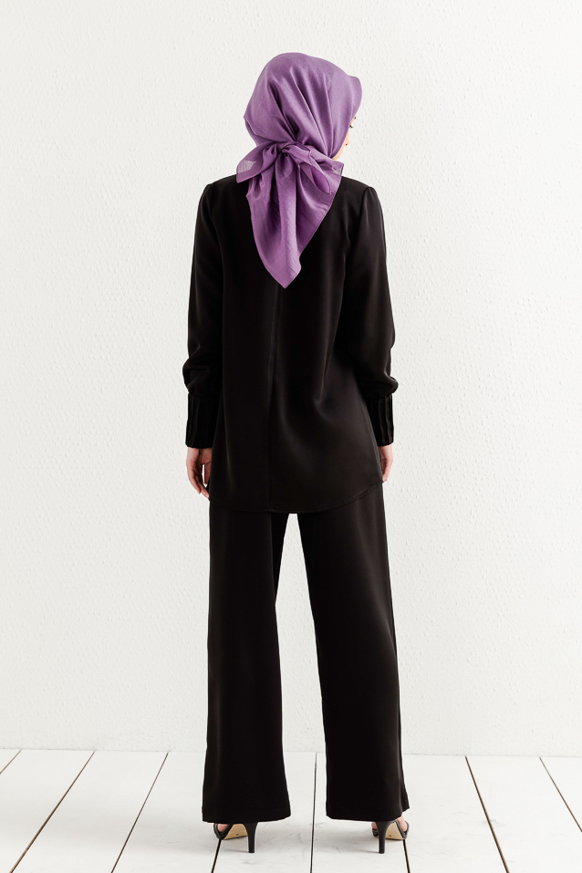 NİHAN Takım Nihan Nervür Detaylı Pantolon Tunik Takım  Siyah_modest