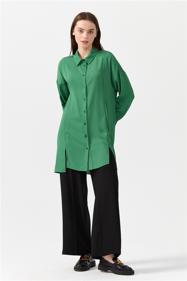 NİHAN Tunic Nihan Önü Yırtmaçlı Gömlek Tunik  Yeşil_modest
