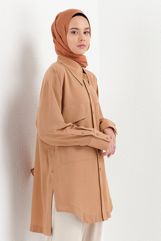 NİHAN Tunik Nihan Oversize Gömlek Yaka Tunik  Camel_modest
