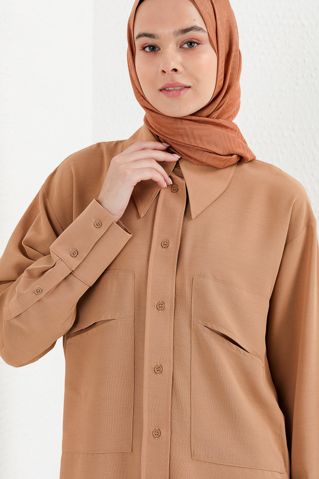 NİHAN Tunik Nihan Oversize Gömlek Yaka Tunik  Camel_modest