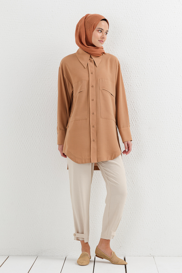 NİHAN Tunic Nihan Oversize Gömlek Yaka Tunik  Camel_modest