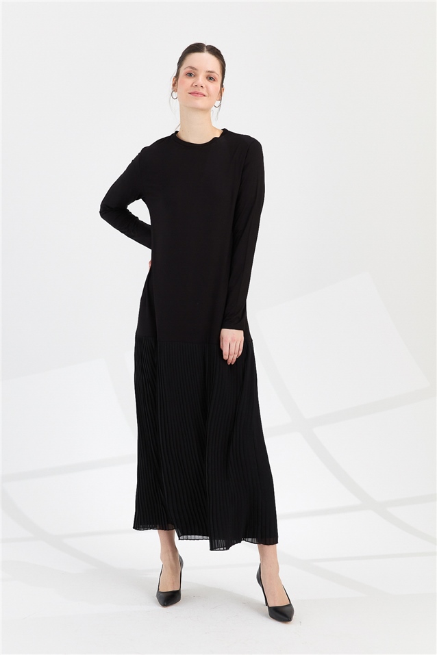 NİHAN Dress Nihan Piliseli Penye Elbise  Siyah_modest