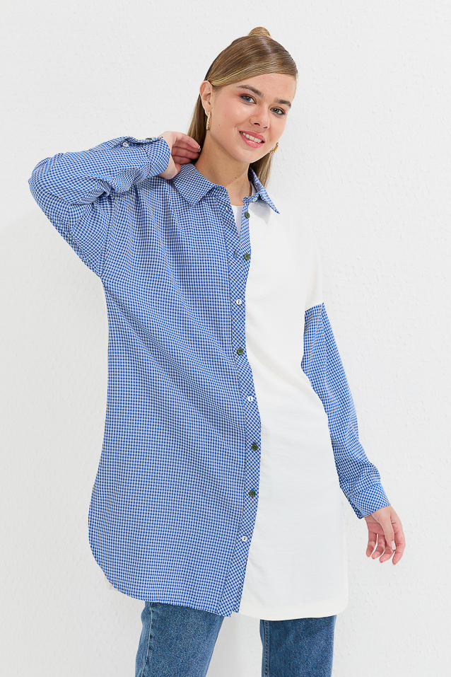 NİHAN Tunik Nihan Renk Bloklu Gömlek  İndigo_modest