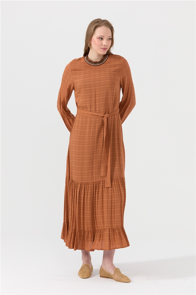 NİHAN Elbise Nihan Ribana Detaylı Kuşaklı Büzgülü Elbise  Kiremit_modest