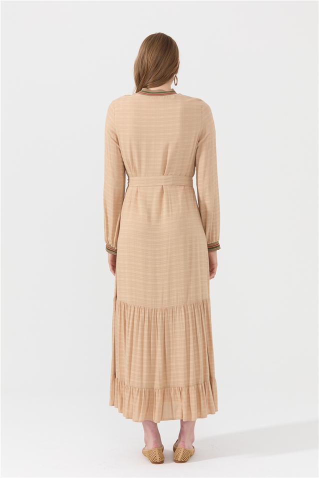 NİHAN Elbise Nihan Ribana Detaylı Kuşaklı Büzgülü Elbise  Bej_modest