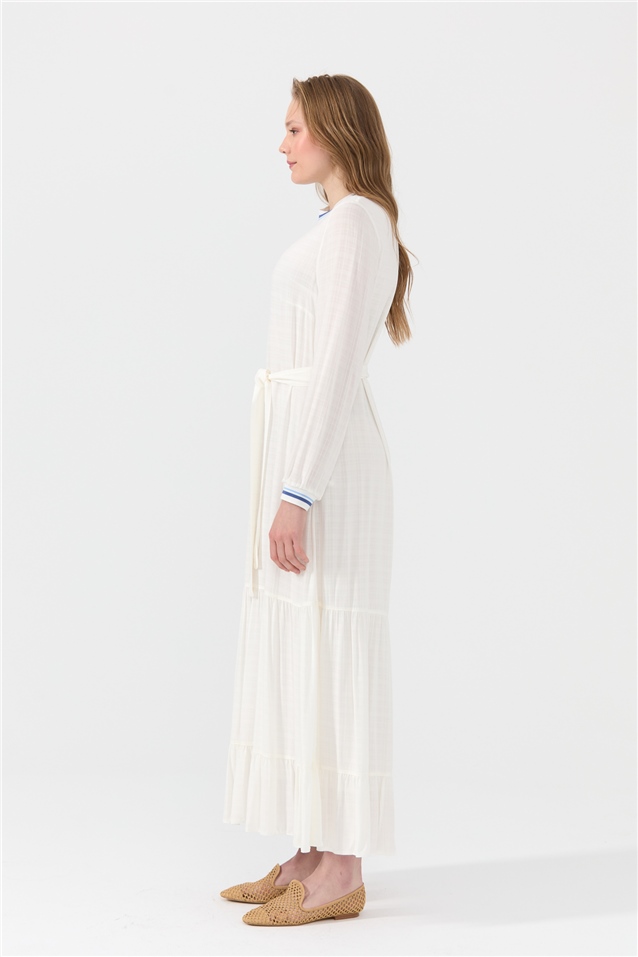 NİHAN Elbise Nihan Ribana Detaylı Kuşaklı Büzgülü Elbise  Ekru_modest