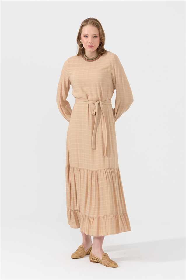 NİHAN Elbise Nihan Ribana Detaylı Kuşaklı Büzgülü Elbise  Bej_modest
