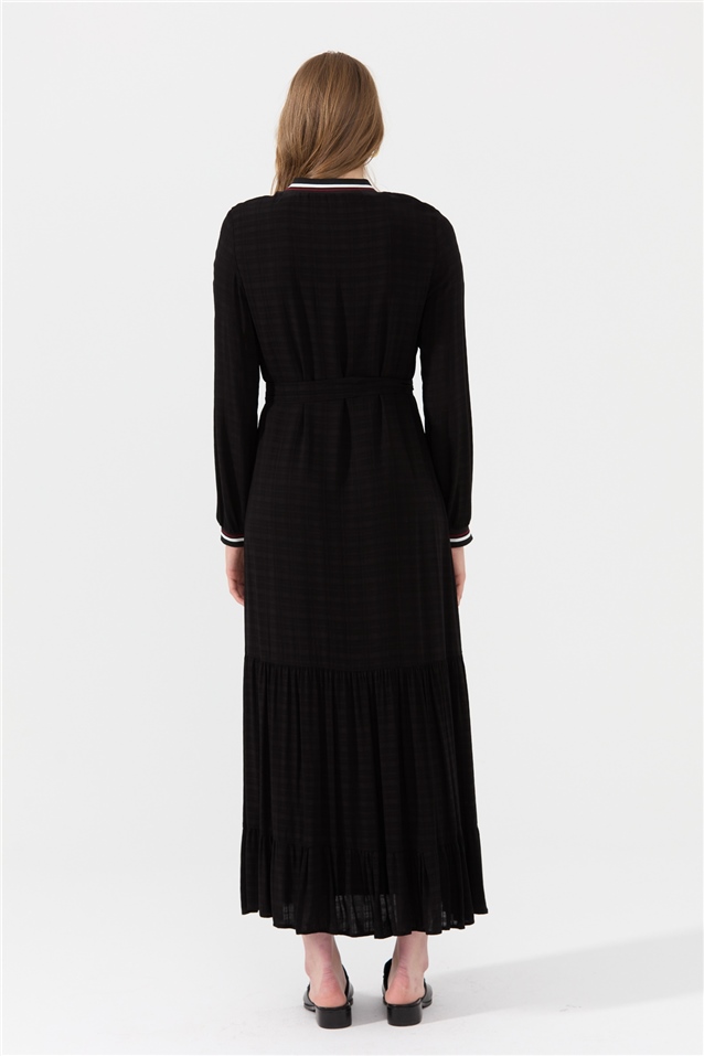 NİHAN Elbise Nihan Ribana Detaylı Kuşaklı Büzgülü Elbise  Siyah_modest