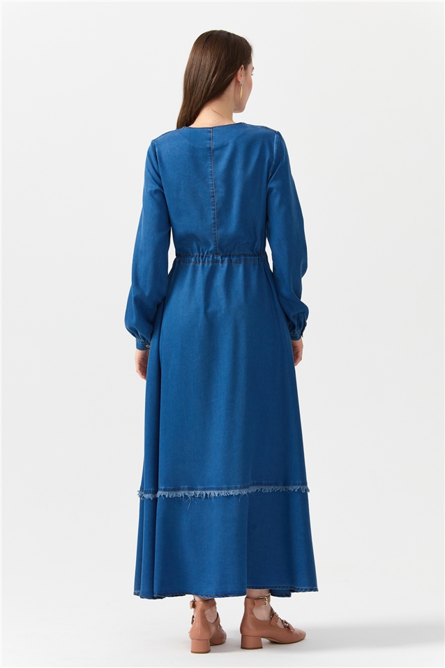 NİHAN Dress Nihan Robası ve Eteği Püsküllü Tencel Elbise  İndigo_modest