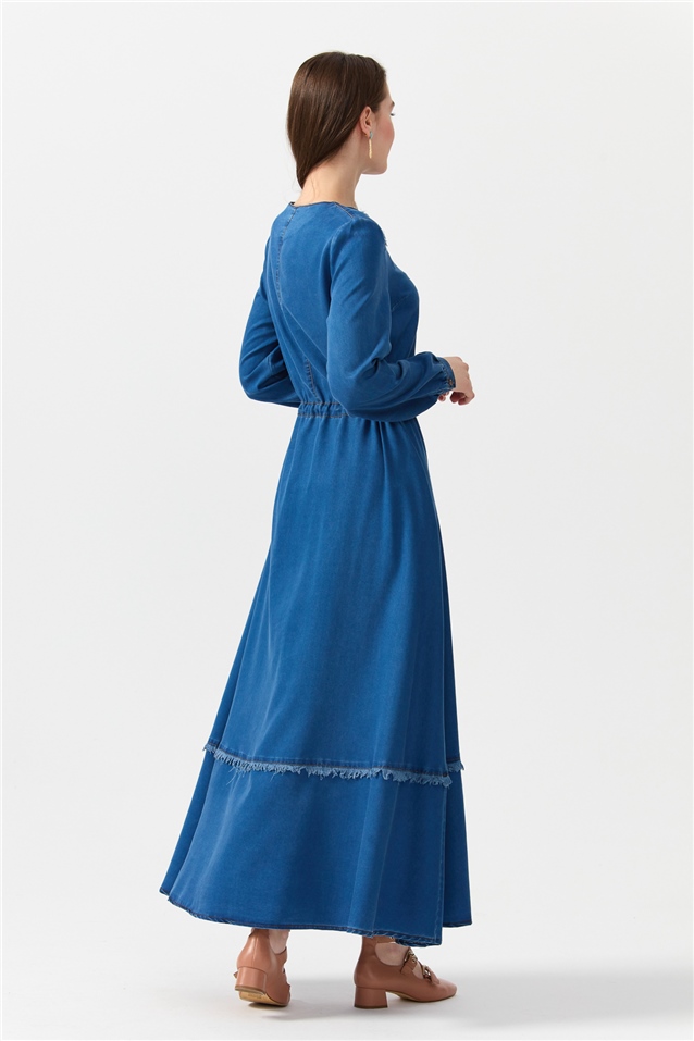 NİHAN Dress Nihan Robası ve Eteği Püsküllü Tencel Elbise  İndigo_modest