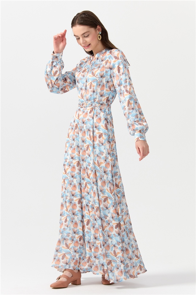 NİHAN Dress Nihan Seyyar Kemerli Floral Desen Elbise  Mavi_modest