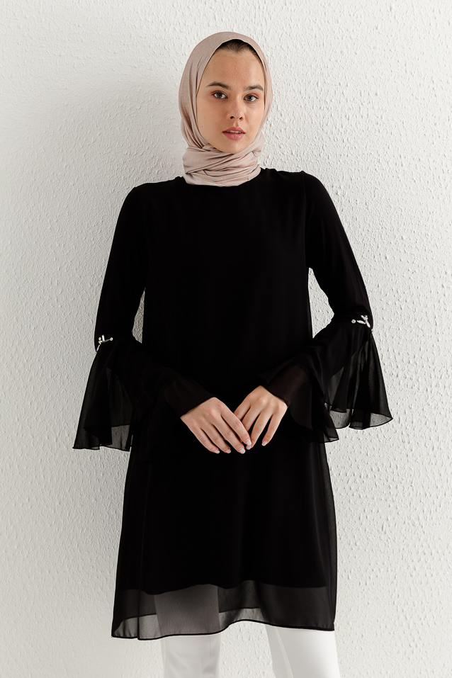 NİHAN Tunic Nihan Şifon Detaylı Fırfırlı Tunik  Siyah_modest