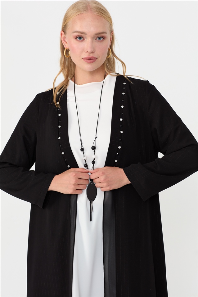 NİHAN Suits Nihan Taş Detaylı Kolyeli Büyük Beden Ceket Tunik Takım  Siyah_modest