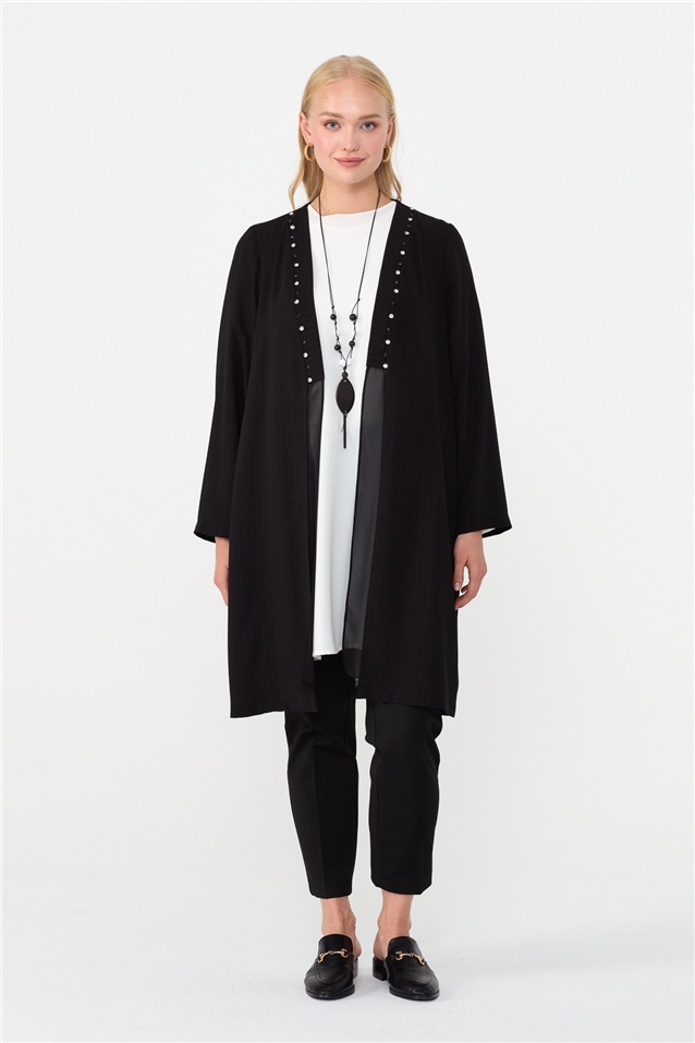NİHAN Suits Nihan Taş Detaylı Kolyeli Büyük Beden Ceket Tunik Takım  Siyah_modest