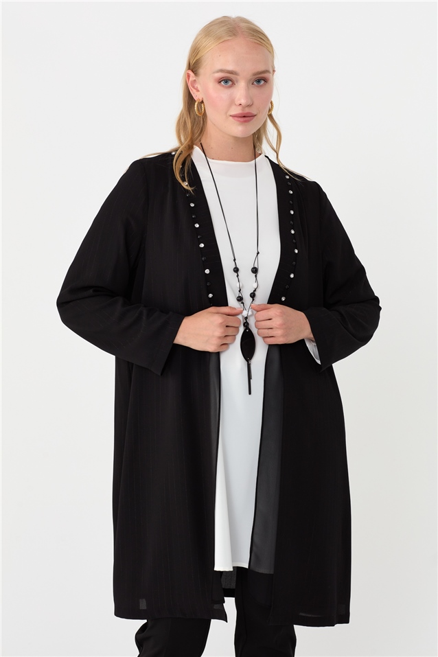 NİHAN Takım Nihan Taş Detaylı Kolyeli Büyük Beden Ceket Tunik Takım  Siyah_modest