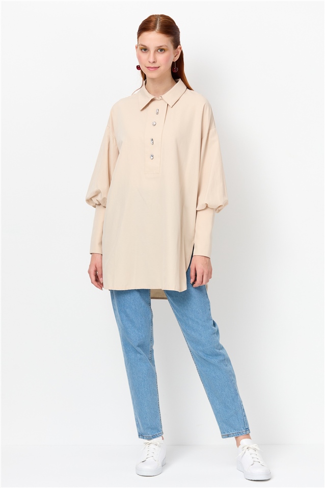 NİHAN Tunic Nihan Taş İşlemeli Balon Kol Gömlek Tunik  Bej_modest