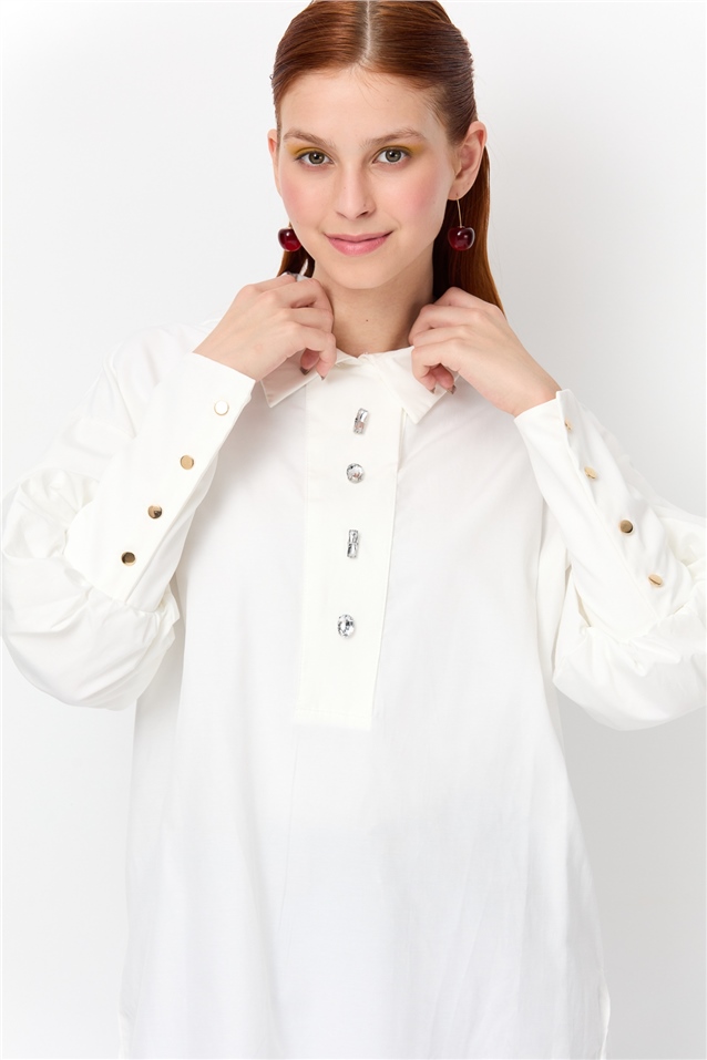 NİHAN Tunic Nihan Taş İşlemeli Balon Kol Gömlek Tunik  Ekru_modest