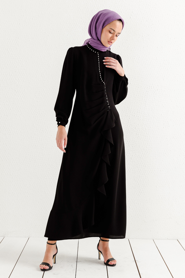 NİHAN Dress Nihan Taş İşlemeli Volan Detaylı Elbise  Siyah_modest