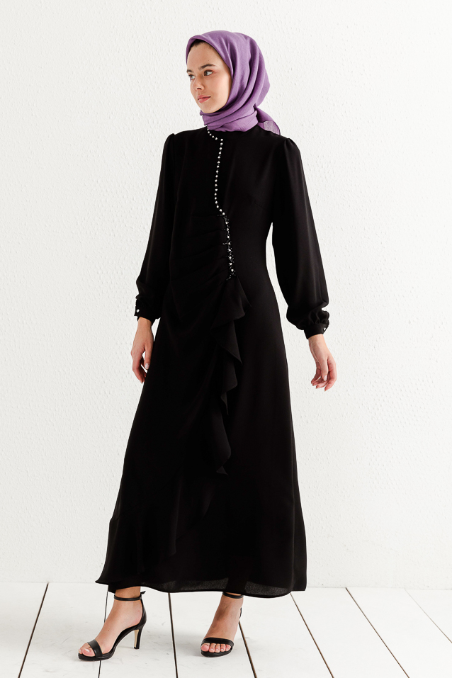 NİHAN Elbise Nihan Taş İşlemeli Volan Detaylı Elbise  Siyah_modest