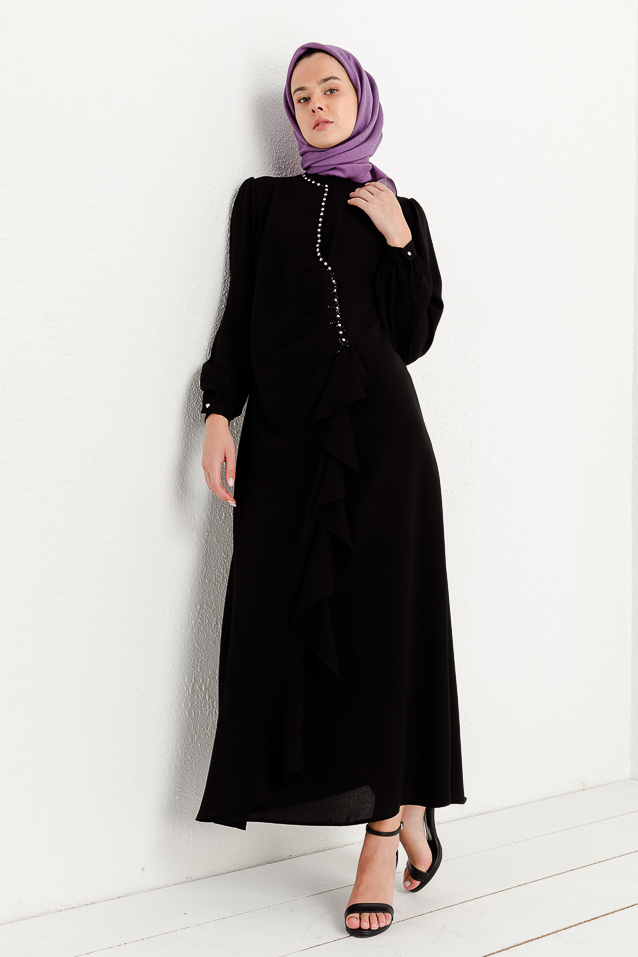NİHAN Elbise Nihan Taş İşlemeli Volan Detaylı Elbise  Siyah_modest