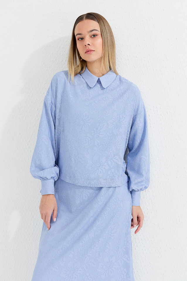 NİHAN Takım Nihan Yandan Yırtmaçlı Bağlamalı Etek Bluz Takım  Açık Mavi_modest